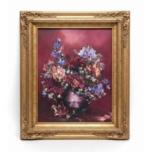 Vtg Original 25x21 MCM Oil Painting Still Life Purple Floral Bouquet Jay Bird